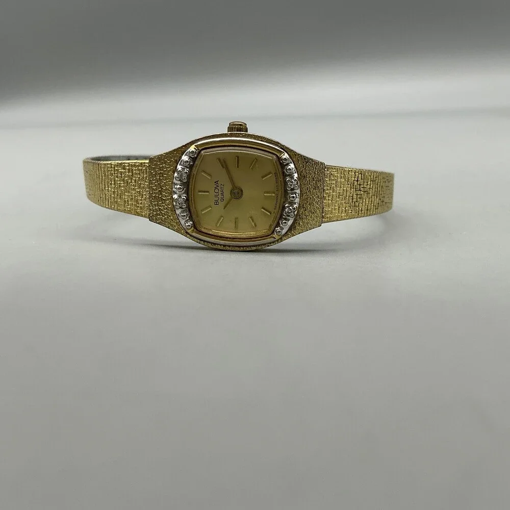 Vtg Bulova Womens Watch 17mm Gold Tone Diamond Bracelet New Battery 6.5